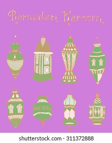 Colorful drawings of lantrn. Hand drawn images of islamic festival artifacts for holiday design. Doodles of different ornaments