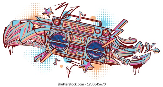 Colorful drawn boom box and graffiti arrows