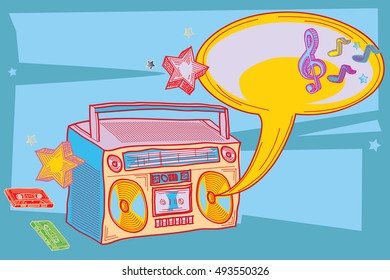 Colorful drawn boom box and speech bubble