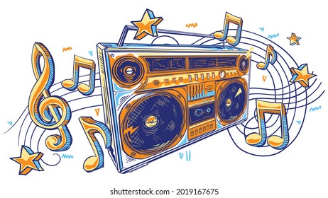 Colorful drawn boom box tape recorder with musical notes 