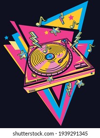 Colorful drawn funky musical turntable emblem