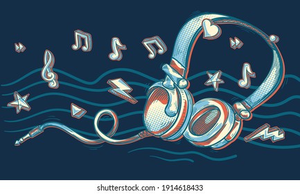 Colorful drawn headphones and notes - music design