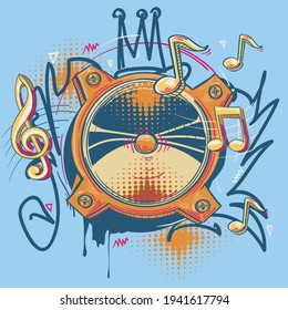 Colorful drawn loudspeaker and notes graffiti - musical design