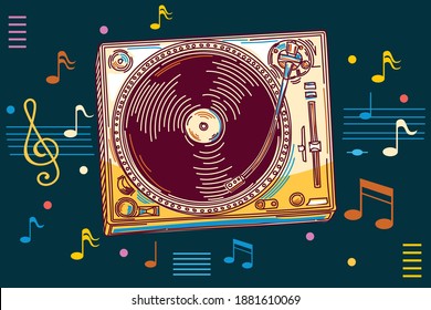 Colorful drawn musical turntable and notes