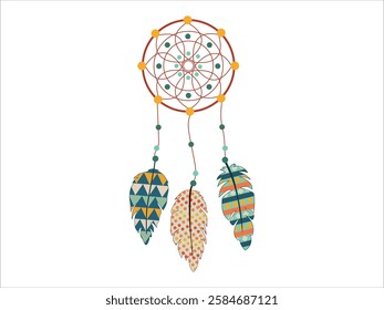 Colorful Dream catcher with Geometric Feather Patterns on White Background. Concept of Native Art, Bohemian Decor, Dreamy Symbol, Cultural Ornament, Ethnic Craft Design Element.