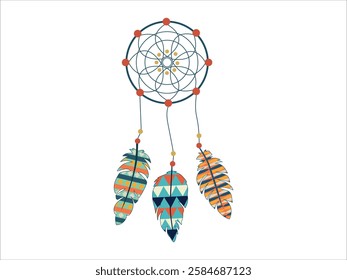 Colorful Dream catcher with Geometric Feathers in Minimalist Style Isolated on White Background. Concept of Native American Symbol, Boho Decor, Spirituality, Traditional Craft, Ethnic Art.