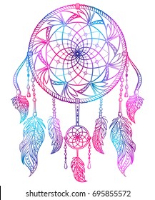 Colorful dream catcher with ornament and feathers. Design concept for banner, card, t-shirt, print, poster. Vintage hand drawn vector illustration