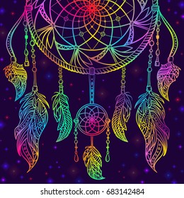 Colorful dream catcher with ornament and night sky with stars. Design concept for banner, card, t-shirt, print, poster. Vintage hand drawn vector illustration svg