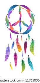 Colorful dream catcher with pacific sign and sign of peace made of feathers. Pacific. Vector native illustration for printing on a T-shirt, postcard, cover and for your creativity