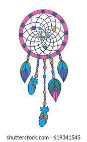 Colorful dreamcatcher. Native american talisman. Boho style. Vector art