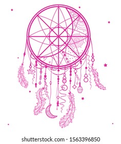 Colorful dreamcatcher on white. Mystic symbol. Hand drawn abstract dreamcatcher