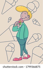 colorful dressed boy licking ice cream walking. happy child smile and eat come ice cream