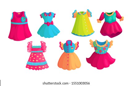 Colorful dresses cartoon vector stickers set. Bright girlish apparel icon collection. Fashionable clothes drawings for kids. Cute apparel items isolated on white. Scrapbook patches