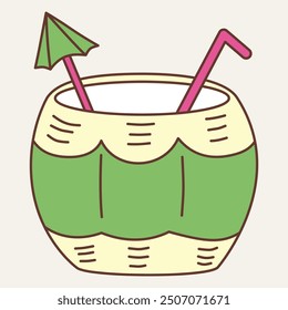 A colorful drink in a coconut-shaped container with a straw and an umbrella.