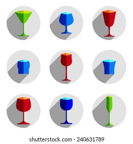 Colorful drinking glasses collection. Set of alcohol theme simple illustrations. Celebration elements, best for use in graphic and web design.