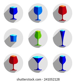 Colorful drinking glasses collection. Set of alcohol theme simple illustrations. Celebration elements, best for use in graphic and web design.