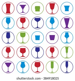 Colorful drinking glasses collection. Set of alcohol theme simple vector illustrations. Celebration elements, best for use in graphic and web design.