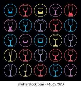 Colorful drinking glasses collection. Set of alcohol theme simple vector illustrations. Celebration elements, best for use in graphic and web design.