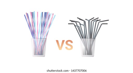 colorful drinking plastic disposable vs metal straws in glass zero waste concept flat white background horizontal vector illustration