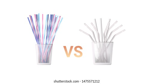 Colorful drinking plastic disposable vs metal straws in glass. Zero waste concept.