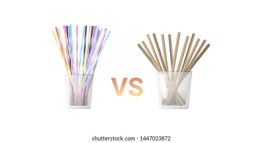 colorful drinking plastic vs paper disposable straws in glass zero waste concept flat white background horizontal