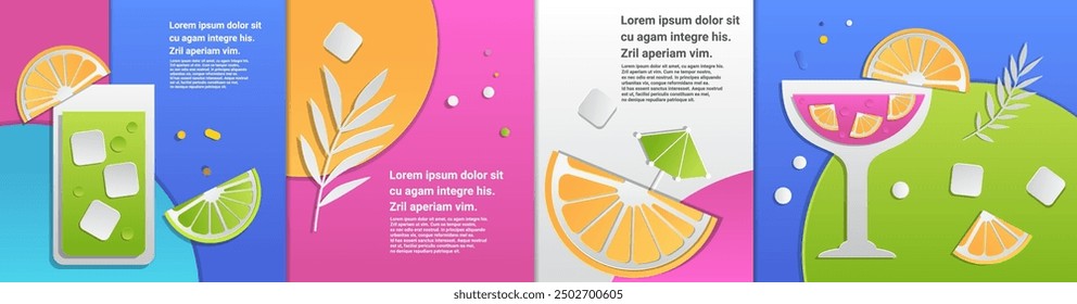 Colorful drinks citrus slices ice cubes paper cut style Vivid cocktail glasses with lemon lime orange garnishes abstract background design. Banner template.