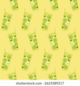 Colorful drinks featuring lime slices and mint leaves fill transparent cups with straws, creating a vibrant pattern against a cheerful yellow backdrop. Perfect for summer.