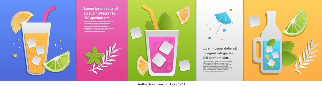 Colorful drinks with ice cubes citrus slices and leaves in paper cut style. Each drink is set against a vibrant background with additional decorative elements