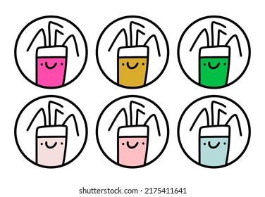 Colorful drinks set hand drawn icon logotypes in cartoon doodle style smoothine lemonade cocktail milk fresh organic