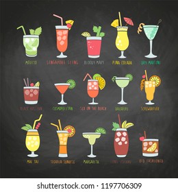 Colorful drinks set with the names of the coctails, isolated on chalkboard background, doodles, hand drawn style. Vector illustration.