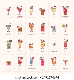 Colorful drinks set with the names of the coctails isolated on background. Flat style. Vector illustration