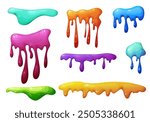 Colorful dripping slime in cartoon. Mucus splashes and liquid drop. Toxic splash, sticky slimy element. Vector illustration isolated on white background.