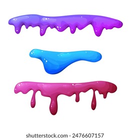 Colorful dripping slime in cartoon. Mucus splashes and liquid drop. Toxic splash, sticky slimy element. Vector illustration isolated on white background.

