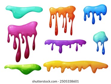 Colorful dripping slime in cartoon. Mucus splashes and liquid drop. Toxic splash, sticky slimy element. Vector illustration isolated on white background.