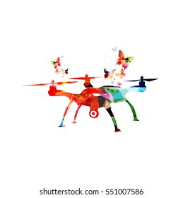 Colorful drone and butterflies isolated vector illustration