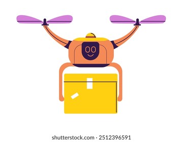Colorful drone carrying a yellow package in a flat design style, isolated on a white background. This vector illustration is ideal for technology or delivery-related content.