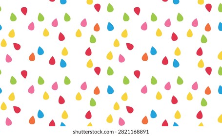 Colorful drop shapes seamless pattern featuring red yellow pink green and blue droplets on a white background.