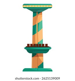 Colorful drop tower ride is standing still, waiting for passengers to board for an exhilarating experience