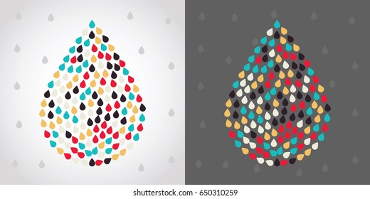 Colorful drops in drop shape. Rainy ornament. Vector illustration