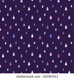 Colorful drops seamless vector pattern. Dark violet, lilac, pink colors. Falling rain drops. Rainy background.