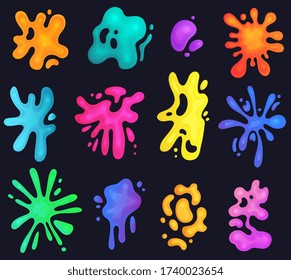 Colorful drops and splashes of slime or paint, cartoon vector illustrations set isolated on black background. Sticky neon bright stains, blots and blobs shapes.