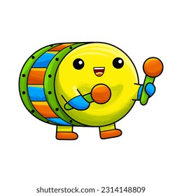 A colorful drum with a colorful face is playing a drum.