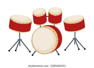 Colorful drum set with red drums and silver stands in a minimalist design