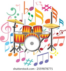 Colorful drum set surrounded by musical notes