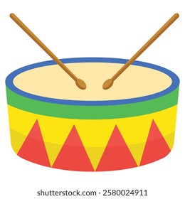 Colorful drum with two sticks inside, featuring vibrant yellow, red, green, and blue colors. Perfect for musical themes and festive designs.