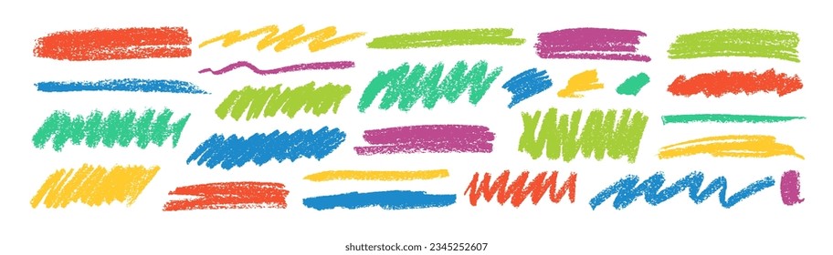 Colorful dry brush marks, pencil squiggles and scribbles. Hand drawn vector crayon various lines, spirals and doodles. Multi colored rough highlighters, chalk strokes, pencil dividers. Curly lines.
