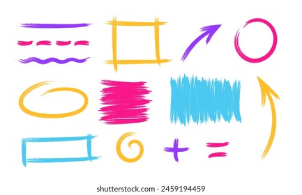 Colorful dry brush marks, pencil squiggles and scribbles. Hand drawn vector crayon various lines, spirals and doodles. Multi colored rough highlighters, chalk strokes, pencil dividers. Curly lines.