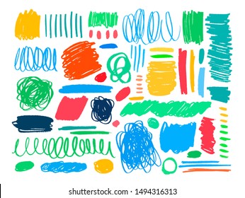 Colorful dry brush strokes hand drawn set. Grunge smears collection with curled lines, stripes and circles. Abstract ink brush doodle textures. Hand drawn scribbles. Vector freehand drawing. 