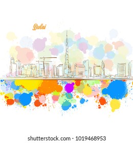 Colorful Dubai City Skyline. Hand Drawn Vector Illustration, Paint Splatter Color Isolated on White Background. Business Travel and Tourism Concept with Modern Architecture.