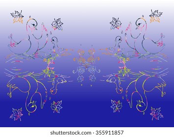 Colorful duck and duckling reflected in a lake. Vector illustration. 